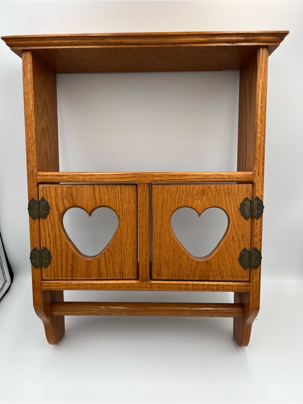 Vintage Solid Oak Wood Two Heart Door Hanging Wall Shelf Hanging Bar Cottagecore